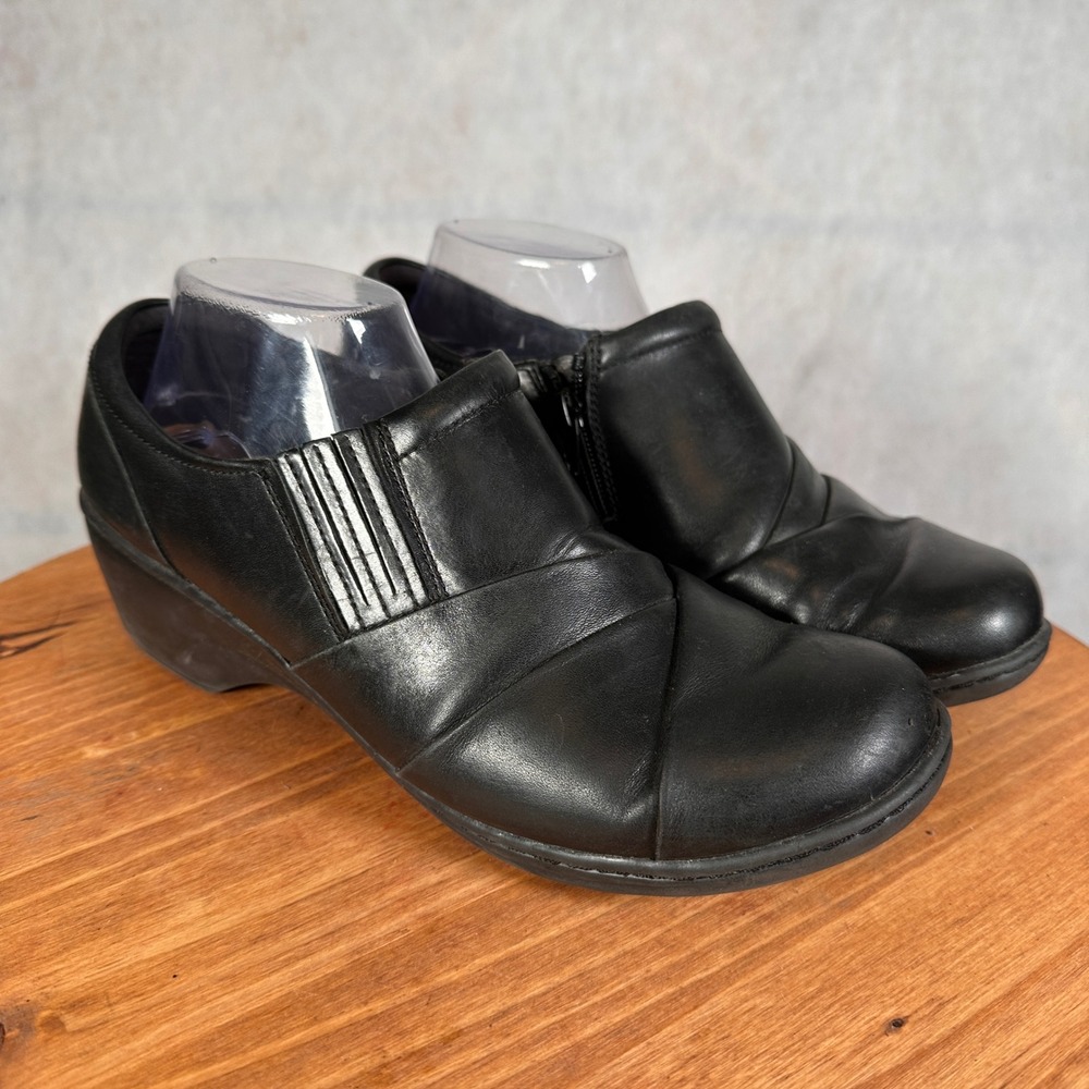 Clarks Leather Ankle Booties Women Size 10 Black Good Pleated Wedge Zip 26108788 - Picture 4 of 14